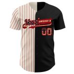 Personalized Vintage USA Flag Baseball Jersey with Cream-Red Pinstripes, Black Split Design Personalized Black Vintage USA
