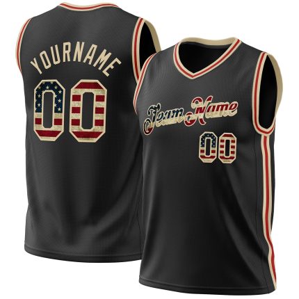 Personalized Black Vintage USA Flag Basketball Jersey Cream-Red Throwback Design Personalized Black Vintage USA Flag Cream-Red