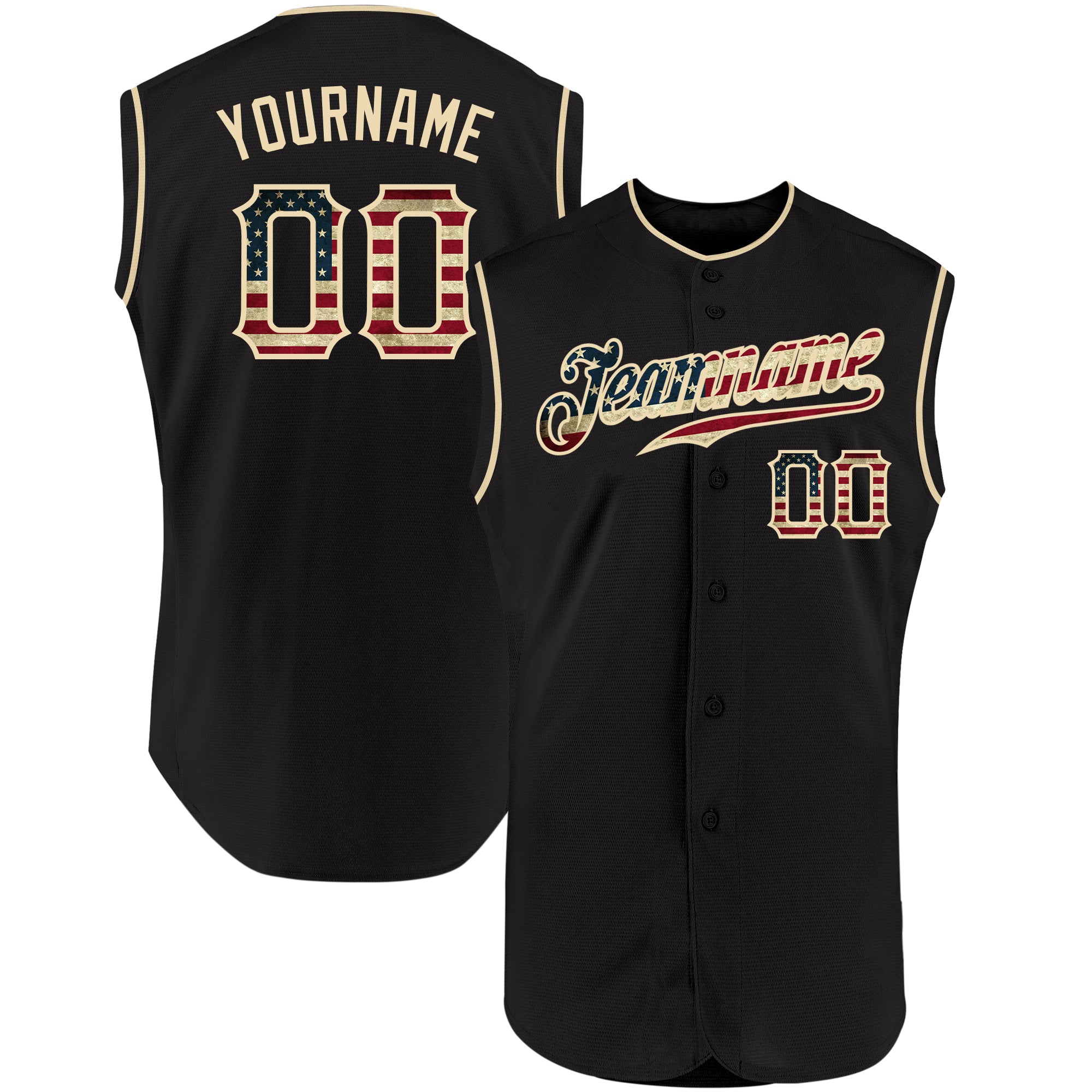 Personalized Black Vintage USA Flag Sleeveless Baseball Jersey - Cream Personalized Black Vintage USA Flag-Cream Sleeveless