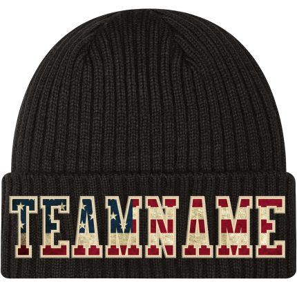 Custom Name and Number Black Vintage USA Flag Knit Hat with Cream Stitching - Personalized Cuffed Beanie Personalized Black
