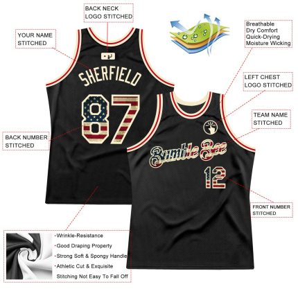 Personalized Vintage USA Flag Basketball Jersey - Black Cream Throwback Style Personalized Black Vintage USA Flag-Cream Throwback