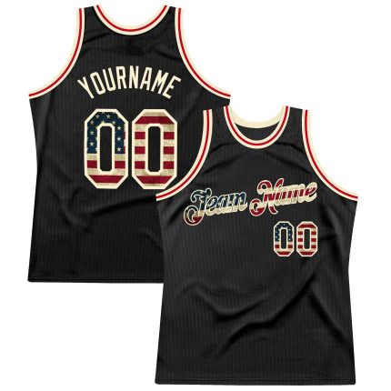 Personalized Vintage USA Flag Basketball Jersey - Black Cream Throwback Style Personalized Black Vintage USA Flag-Cream Throwback