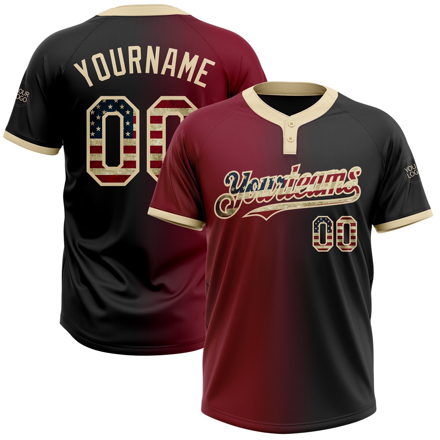 Custom USA Flag Softball Jersey - Personalized Black Vintage Design, Two-Button Unisex with Team Name & Number - Crimson City Cream Gradient