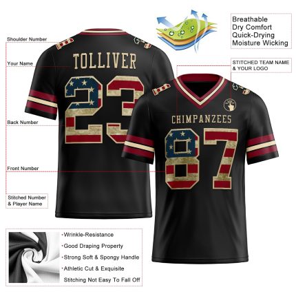 Personalized Vintage Black USA Flag Football Jersey Cream Mesh for Crimson City Personalized Black Vintage USA Flag Crimson-City