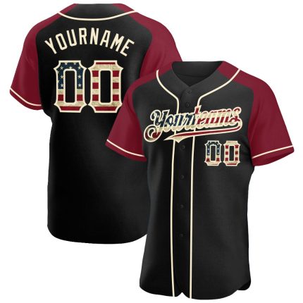 Personalized Vintage USA Flag Baseball Jersey with Custom Name & Number - Black Crimson-Cream Raglan Sleeves Personalized