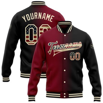 Personalized USA Flag Black Crimson-Cream Gradient Bomber Varsity Jacket with Custom Name and Number Personalized Black Vintage