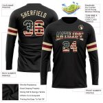 Personalized Black Vintage USA Flag Long Sleeve T-Shirt - Crimson Cream Performance Tee Personalized Black Vintage USA Flag