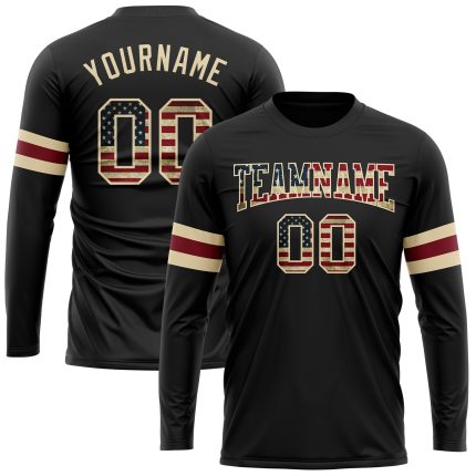 Custom USA Flag Long Sleeve Performance T-Shirt - Personalized Black Vintage Design with Crimson-Cream Team Name and Number