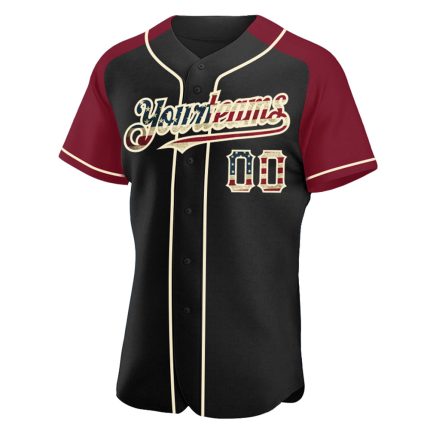 Personalized Vintage USA Flag Baseball Jersey with Crimson-Cream Raglan Sleeves Personalized Black Vintage USA Flag Crimson-Cream