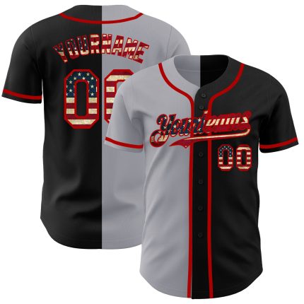 Personalized Vintage USA Flag Baseball Jersey Gray-Red Fashion Split Design Personalized Black Vintage USA Flag Gray-Red