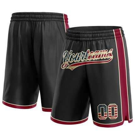 Personalized USA Flag Basketball Shorts - Vintage Black Maroon-Cream Design Personalized Black Vintage USA Flag Maroon-Cream