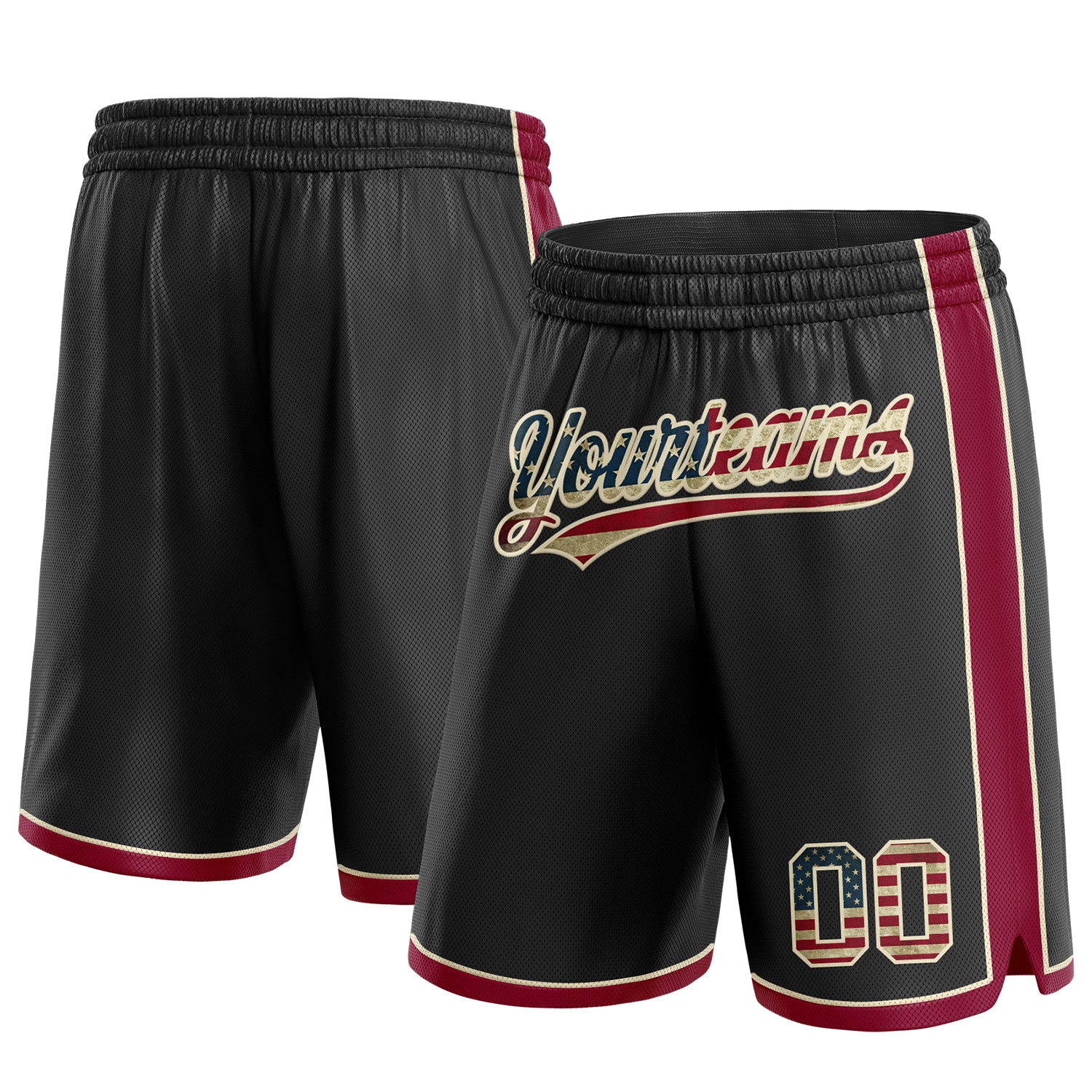 Personalized USA Flag Basketball Shorts - Vintage Black Maroon-Cream Design Personalized Black Vintage USA Flag Maroon-Cream
