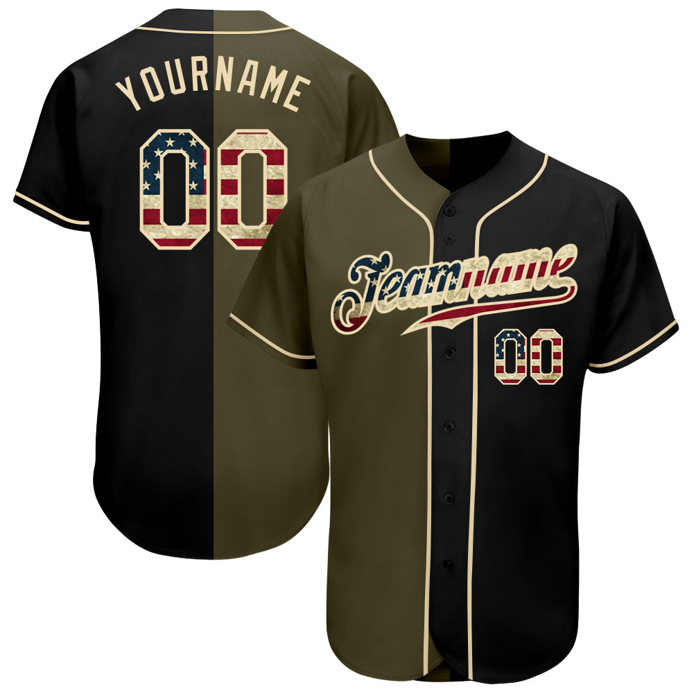 Custom Olive Vintage Black USA Flag Baseball Jersey with Personalized Name and Number Personalized Black Vintage USA Flag-Olive