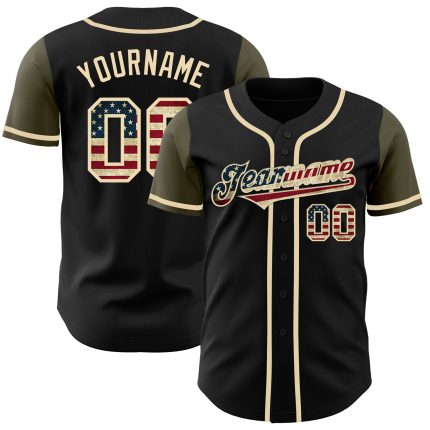 Personalized Vintage USA Flag Baseball Jersey Custom Name & Number - Olive Two Tone Design Personalized Black Vintage USA