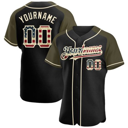 Personalized Vintage USA Flag Baseball Jersey with Custom Name and Number - Black Olive-Cream Raglan Sleeves Personalized