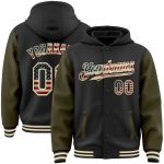 Custom Vintage USA Flag Bomber Hoodie Jacket Personalized Team Name Number Olive-Cream Varsity Full-Snap Two Tone Personalized