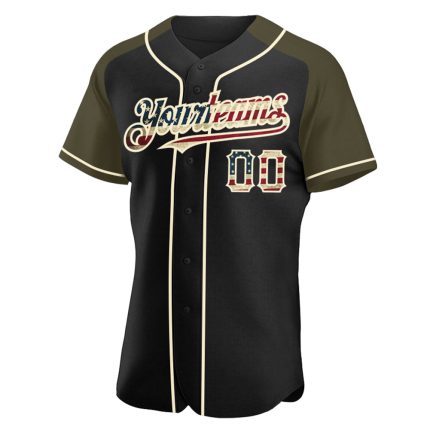 Personalized Vintage Black USA Flag Baseball Jersey Olive-Cream Raglan Sleeves Personalized Black Vintage USA Flag Olive-Cream