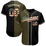 Personalized Vintage USA Flag Baseball Jersey in Black and Olive for Fashion Personalized Black Vintage USA Flag-Olive Split