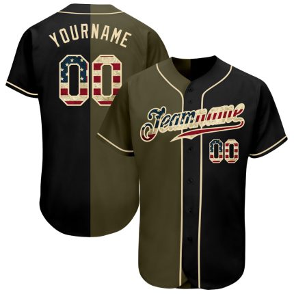 Personalized Vintage USA Flag Baseball Jersey in Black and Olive for Fashion Personalized Black Vintage USA Flag-Olive Split