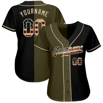 Personalized Vintage USA Flag Baseball Jersey in Black and Olive for Fashion Personalized Black Vintage USA Flag-Olive Split