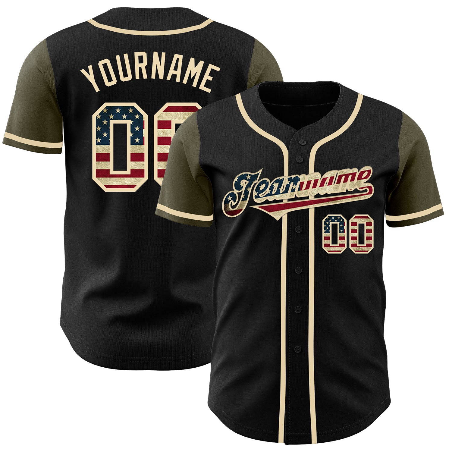 Personalized Black Vintage USA Flag Baseball Jersey - Olive Two Tone Design Personalized Black Vintage USA Flag-Olive Two