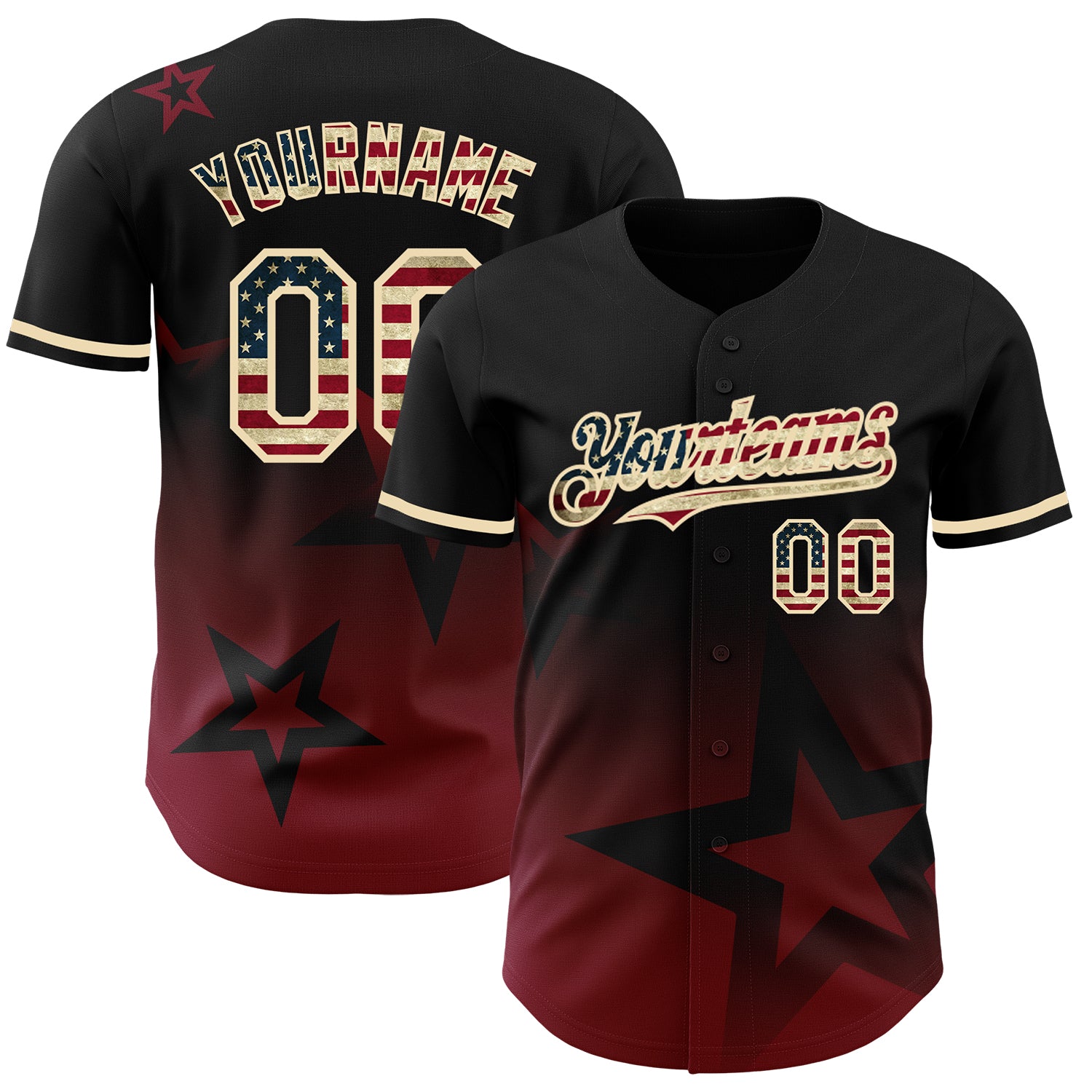 Personalized Black Vintage USA Flag Baseball Jersey 3D Gradient Twinkle Star Red-Cream Design Personalized Black Vintage