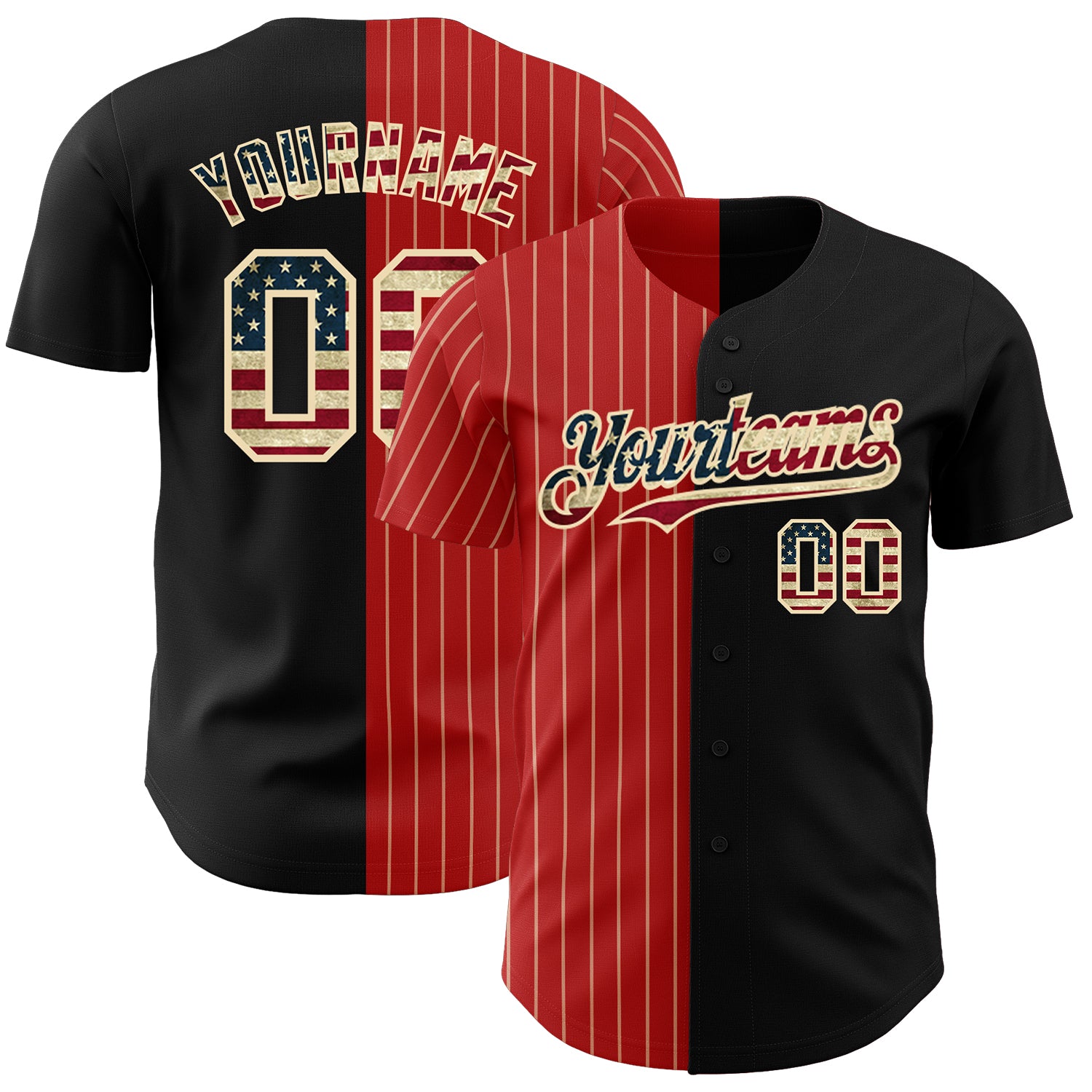 Custom Vintage USA Flag Baseball Jersey for Men - Personalized Red-Cream Pinstripe Team Name & Number, Authentic Split Style