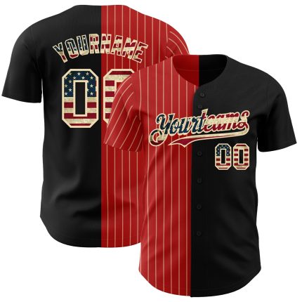 Personalized Vintage USA Flag Baseball Jersey - Black Red-Cream Pinstripe Fashion Style Personalized Black Vintage USA Flag