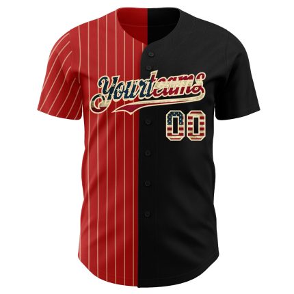 Personalized Vintage USA Flag Baseball Jersey - Black Red-Cream Pinstripe Fashion Style Personalized Black Vintage USA Flag