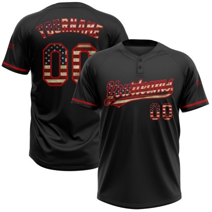 Personalized Vintage USA Flag Softball Jersey - Red Two-Button Unisex Custom Name and Number Personalized Black Vintage USA