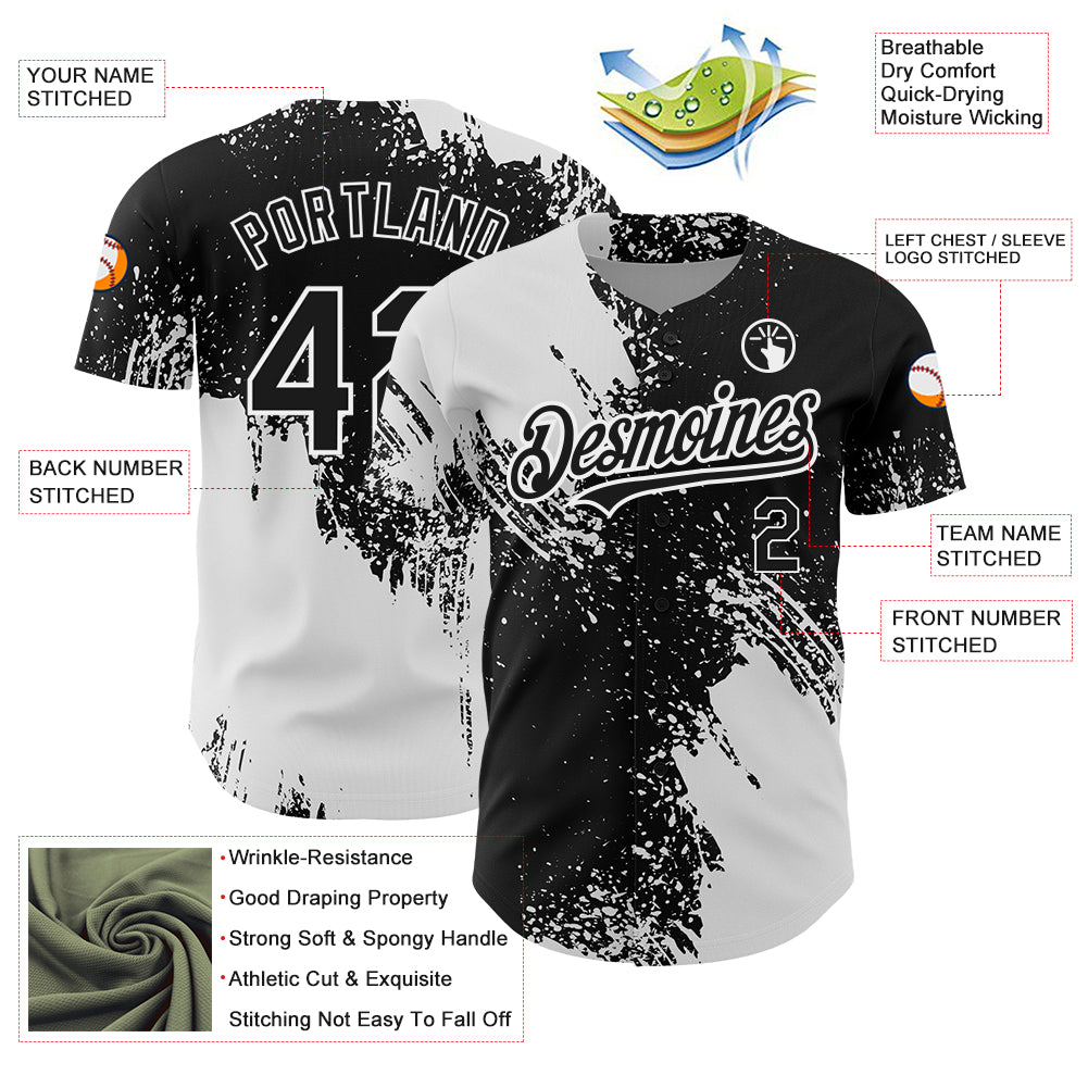 Custom 3D Abstract Brush Stroke Baseball Jersey in Black and White Personalized Black White 3D Abstract Brush Stroke Baseball - Image 3
