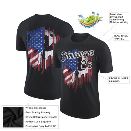 Custom Name Number 3D American Flag Performance T-Shirt, Personalized Patriotic Black White Team Tee Personalized Black White