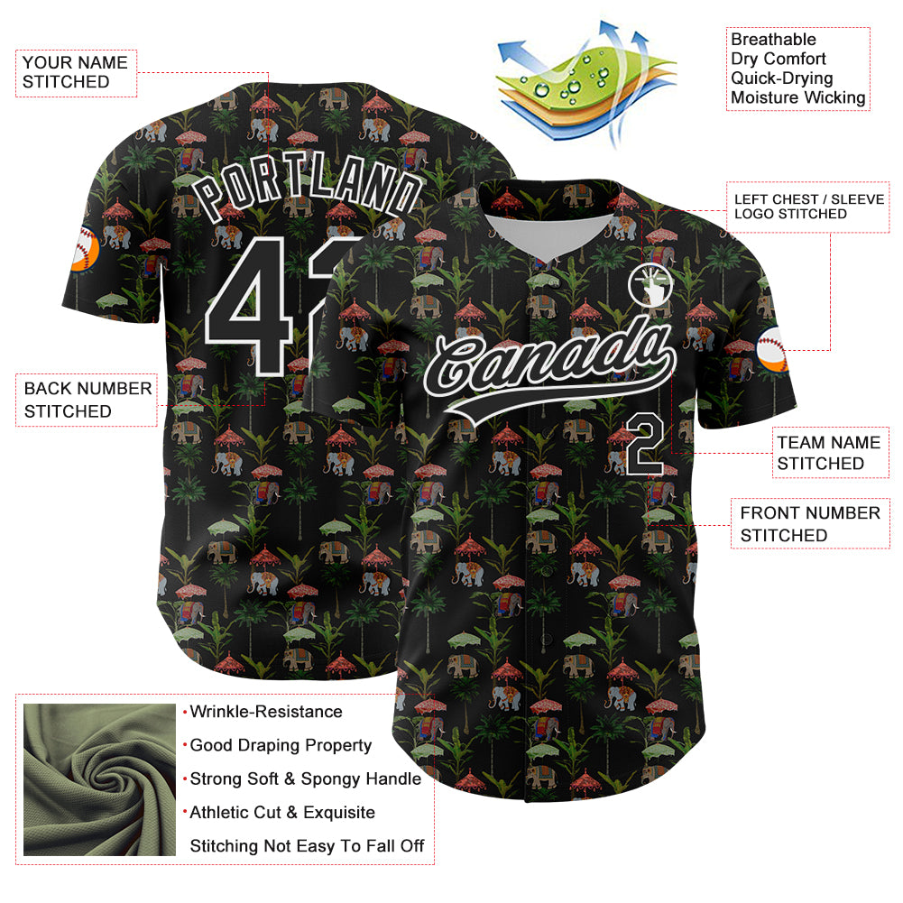 Custom 3D Animal Elephant Baseball Jersey with Black White Hawaii Palm Trees Design Personalized Black White 3D Animal Elephant - Image 3
