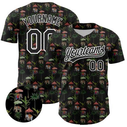 Custom 3D Animal Elephant Baseball Jersey with Black White Hawaii Palm Trees Design Personalized Black White 3D Animal Elephant