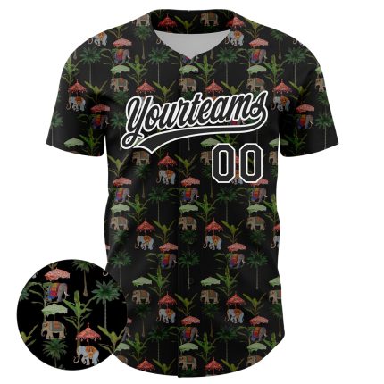 Custom 3D Animal Elephant Baseball Jersey with Black White Hawaii Palm Trees Design Personalized Black White 3D Animal Elephant
