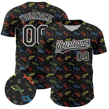 Personalized 3D Animal Fish Baseball Jersey in Black and White Personalized Black White 3D Animal Fish Baseball Jersey