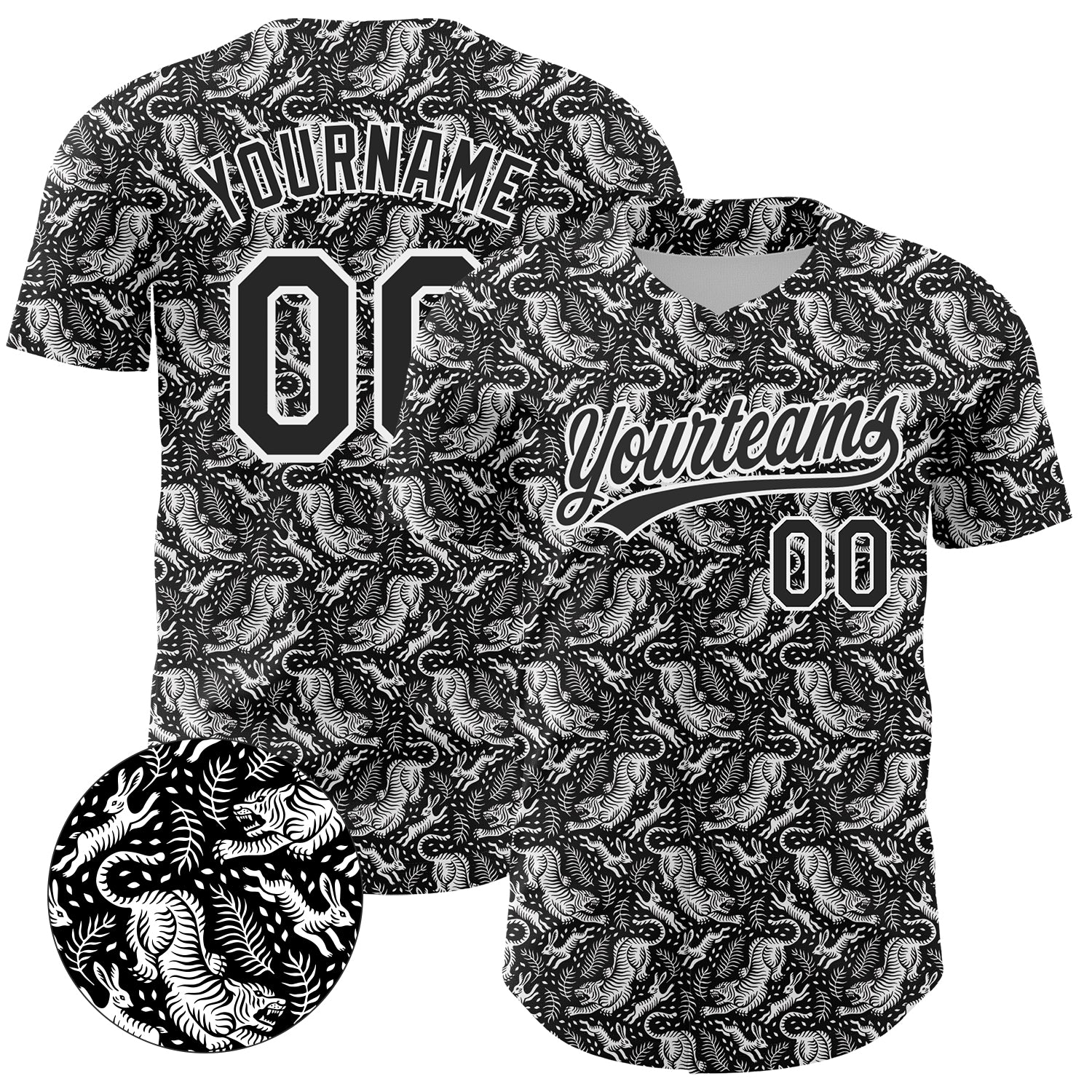 Personalized 3D Animal Tiger Rabbit Baseball Jersey | Black White Design Personalized Black White 3D Animal Tiger And Rabbit