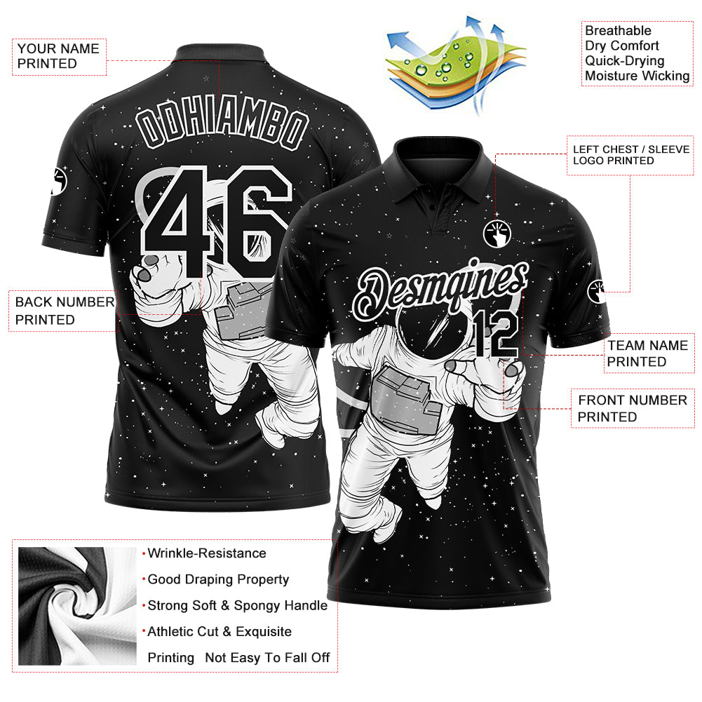 Custom 3D Astronaut Golf Polo Shirt - Black & White Performance Apparel Personalized Black White 3D Astronaut Performance - Image 3
