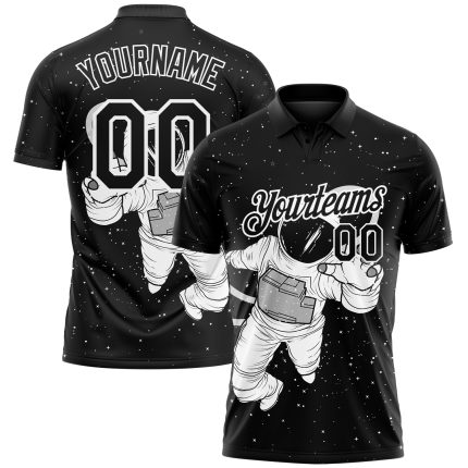 Custom 3D Astronaut Golf Polo Shirt - Black & White Performance Apparel Personalized Black White 3D Astronaut Performance