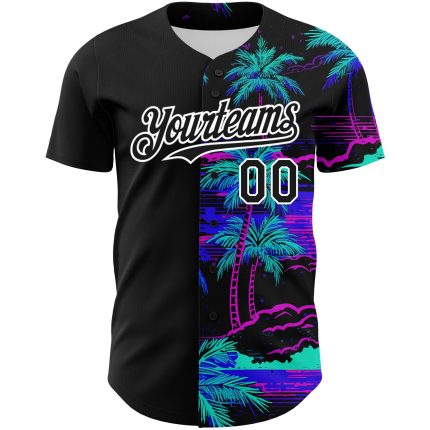 Custom 3D Beach Hawaii Palm Trees Baseball Jersey - Personalized Black and White Design Personalized Black White 3D Beach