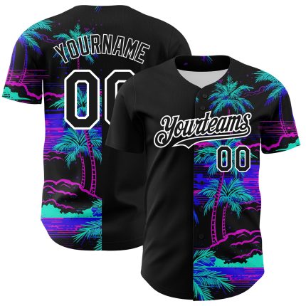 Custom 3D Beach Hawaii Palm Trees Baseball Jersey - Personalized Black and White Design Personalized Black White 3D Beach