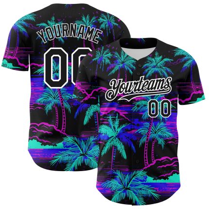 Custom 3D Hawaii Palm Trees Baseball Jersey in Black and White - Personalized Design Personalized Black White 3D Beach Hawaii