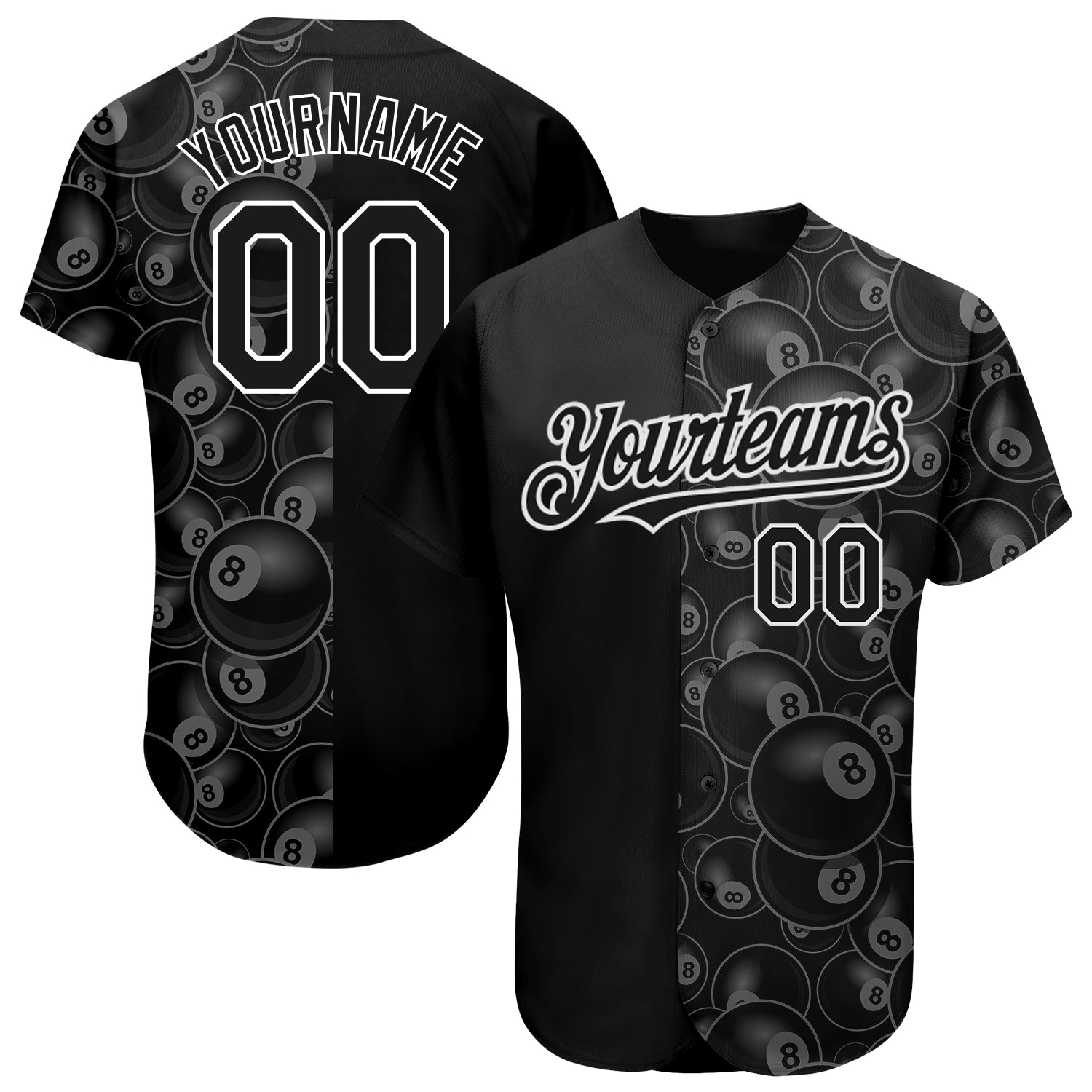 Personalized 3D Billiards Snooker 8 Ball Baseball Jersey in Black and White Personalized Black White 3D Billiards Snooker