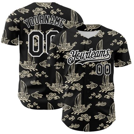 Custom 3D Black and White Boats and Fish Baseball Jersey Personalized Black White 3D Boats And Fish Baseball Jersey