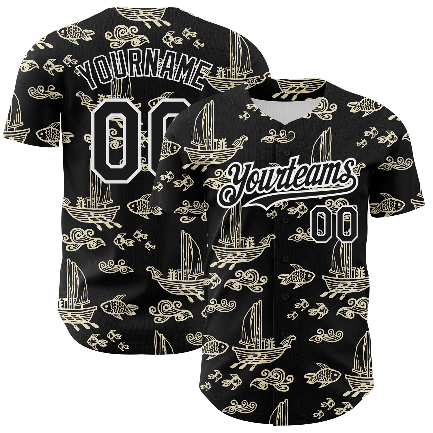 Custom 3D Black and White Boats and Fish Baseball Jersey Personalized Black White 3D Boats And Fish Baseball Jersey