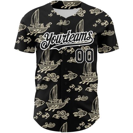 Custom 3D Black and White Boats and Fish Baseball Jersey Personalized Black White 3D Boats And Fish Baseball Jersey