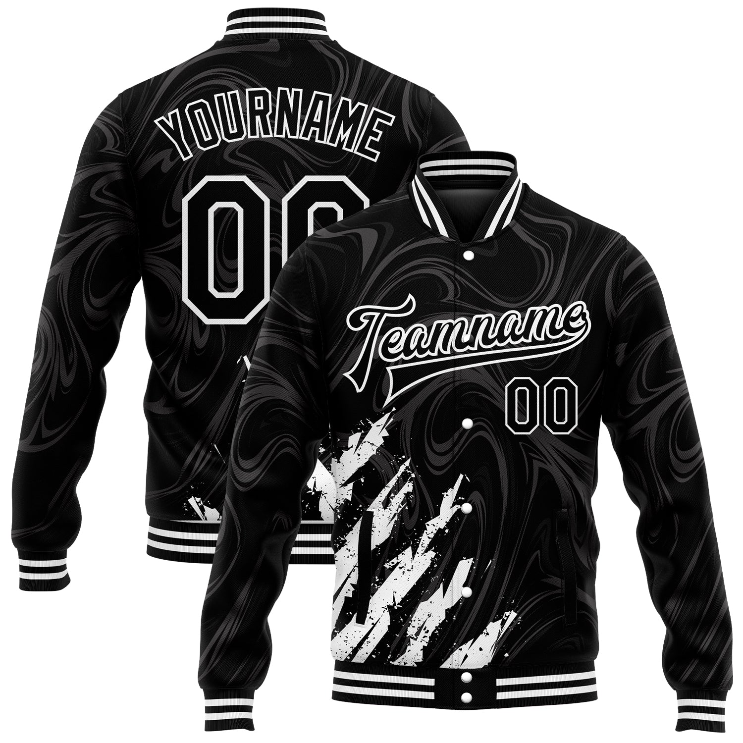 Personalized 3D Varsity Letterman Bomber Jacket - Black White Full-Snap Design Personalized Black White 3D Bomber Full-Snap