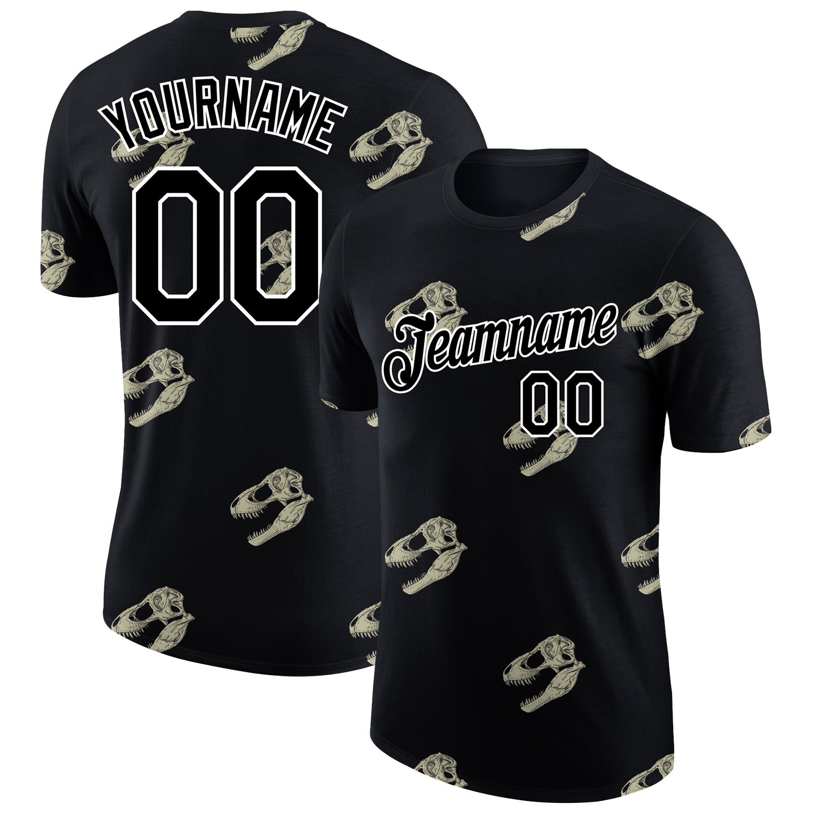 Personalized 3D Dinosaur Skull T-Shirt for Men, Black & White Performance Tee Personalized Black White 3D Dinosaur Skull