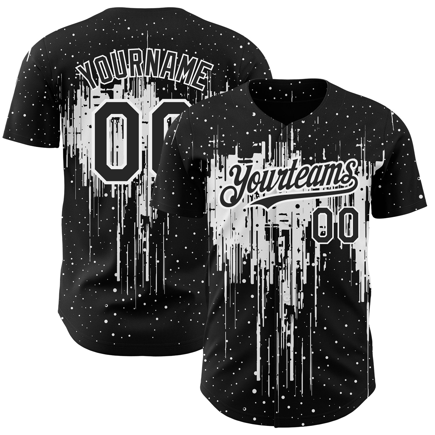 Personalized 3D Dripping Splatter Art Baseball Jersey - Black and White Design Personalized Black White 3D Dripping Splatter