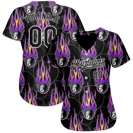 Personalized 3D Black White Flaming Billiards Snooker 8 Ball Baseball Jersey Personalized Black White 3D Flaming Billiards